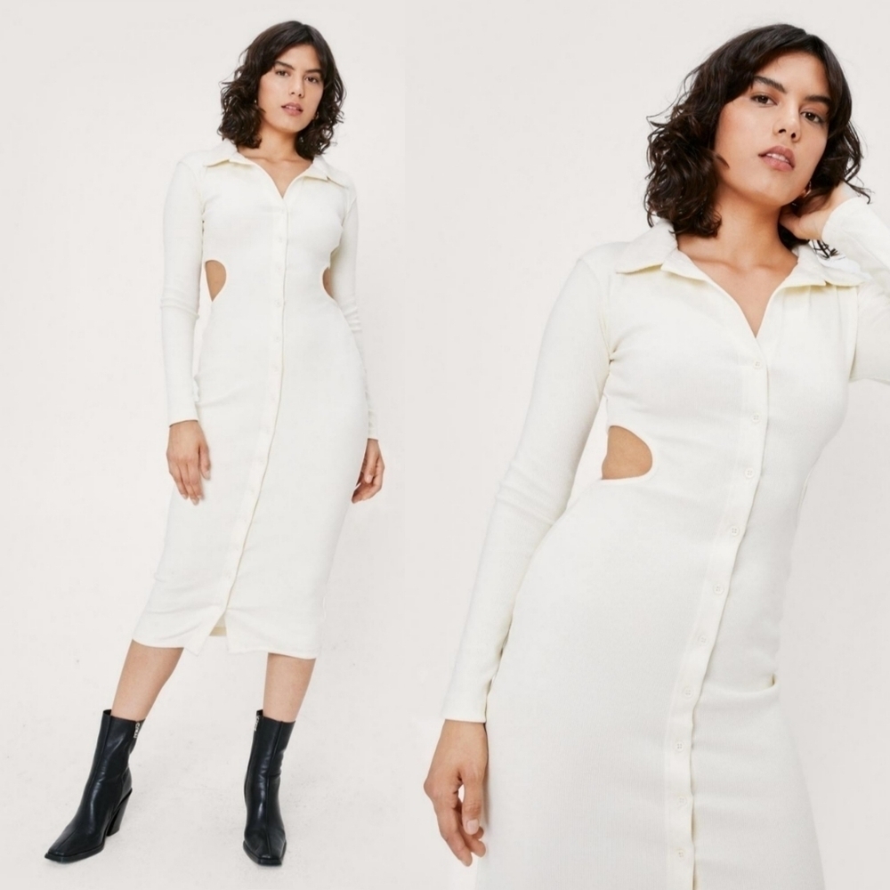 ECRU RIBBED CUTOUT SIDE MIDI SHIRT DRESS